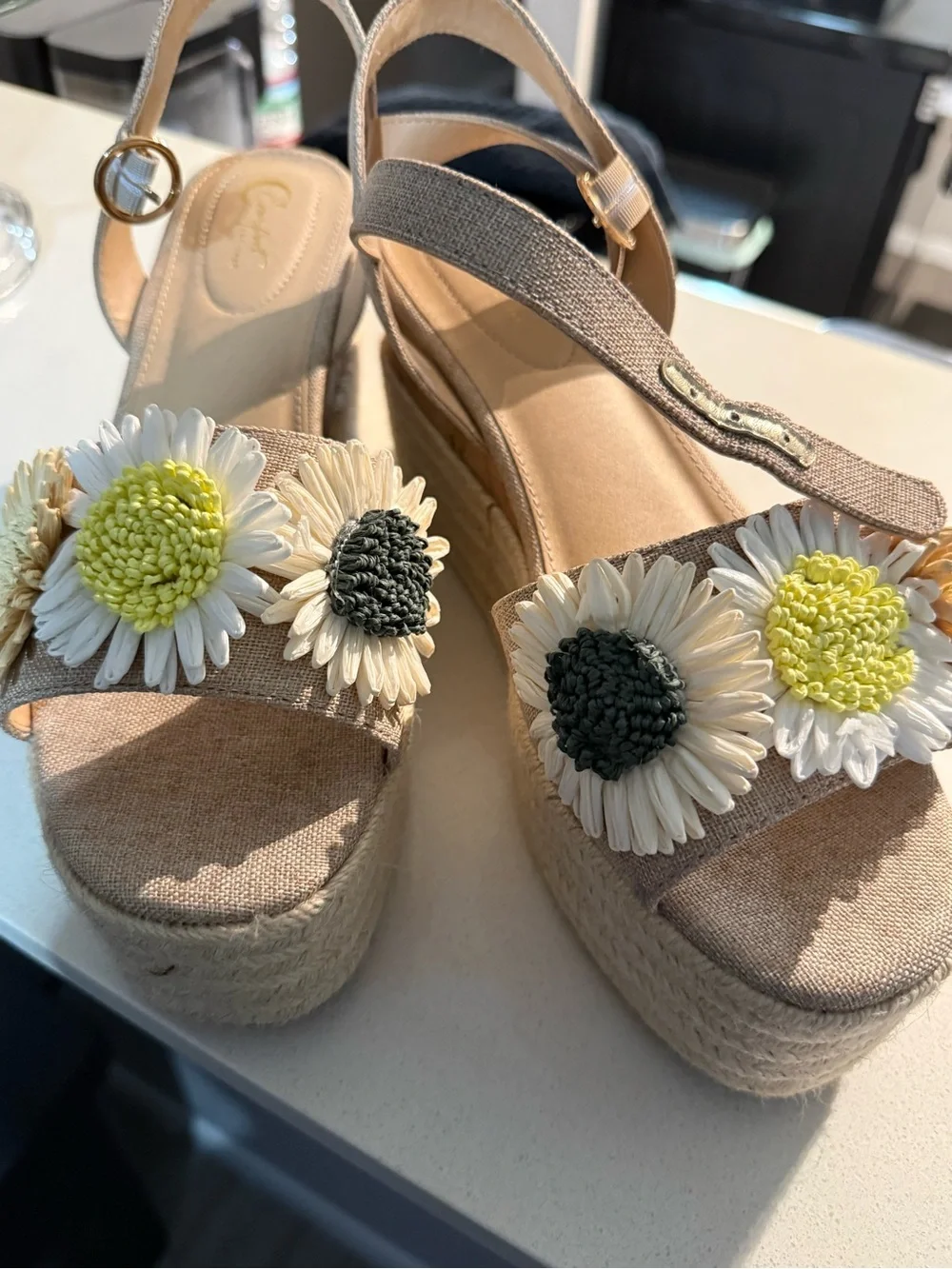 Beige Floral Espadrille Platform Wedge Sandals with Ankle Strap